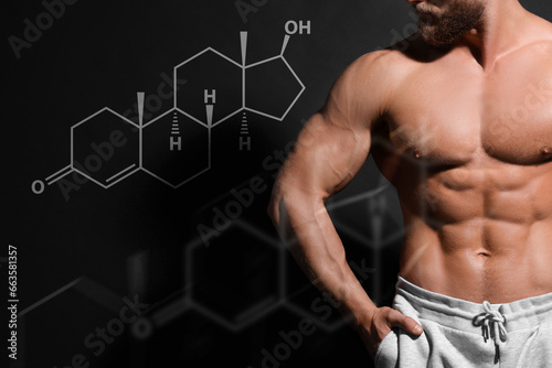 Muscular man and structural formula of testosterone on black background, closeup photo