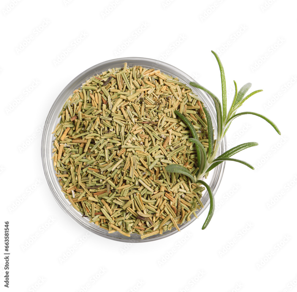 Bowl of fresh and dry rosemary isolated on white, top view