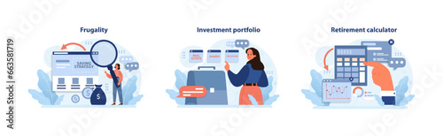 Financial independence, FIRE concept set. Money savings and investment