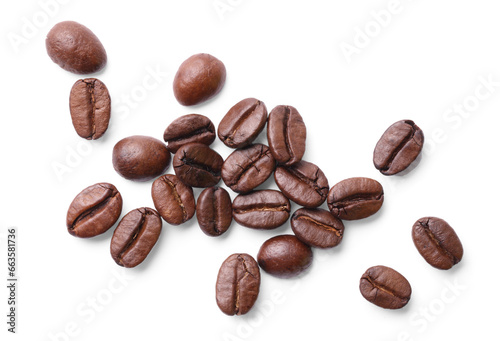 Many roasted coffee beans isolated on white, top view