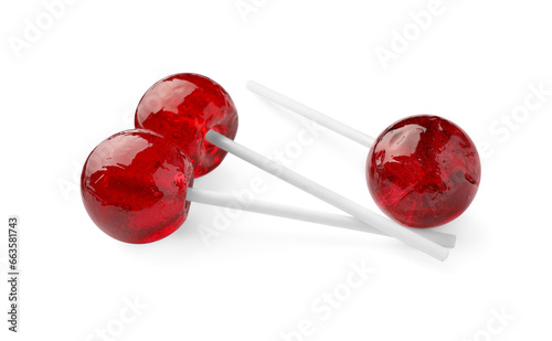 Many sweet red lollipops isolated on white