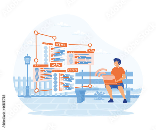  programmer cartoon character developing website, coding. flat vector modern illustration 