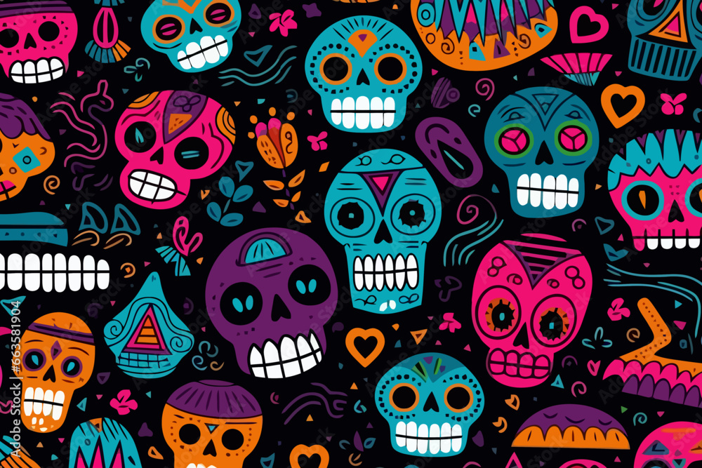 Skulls or other macabre motifs quirky doodle pattern, wallpaper, background, cartoon, vector, whimsical Illustration