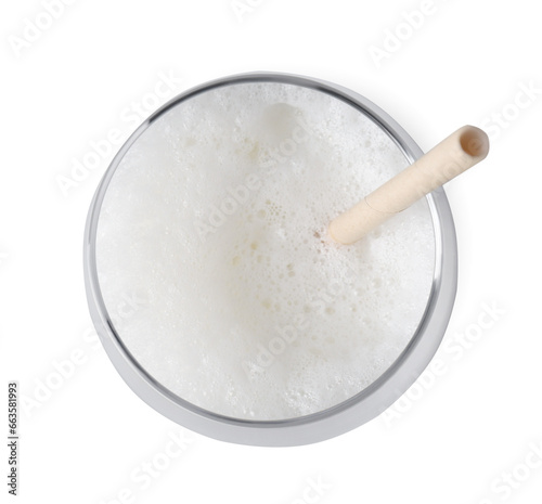 Glass of fresh milk with straw isolated on white, top view