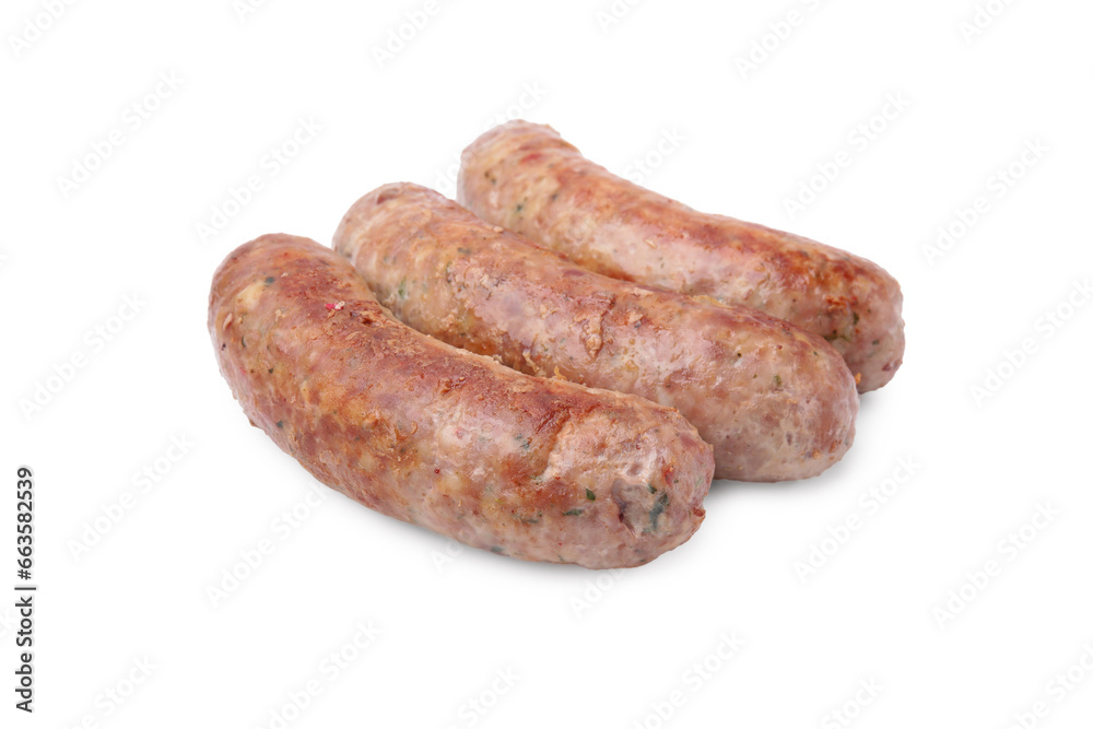 Three tasty homemade sausages isolated on white Three tasty homemade sausages isolated on white