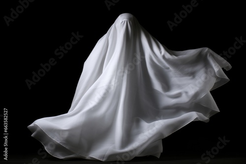 Creepy white ghost in the mist, blending with black background. Halloweens eerie symbolism of fear.