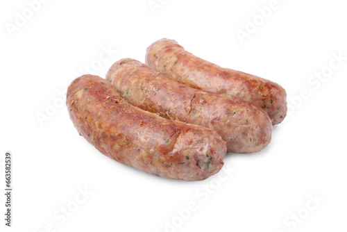 Three tasty homemade sausages isolated on white