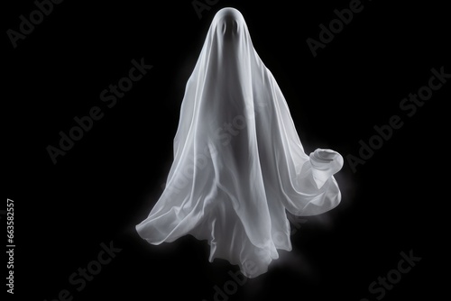 Spooky white sheet ghost in the dark  embodying Halloweens eerie charm. Octobers frightening presence.