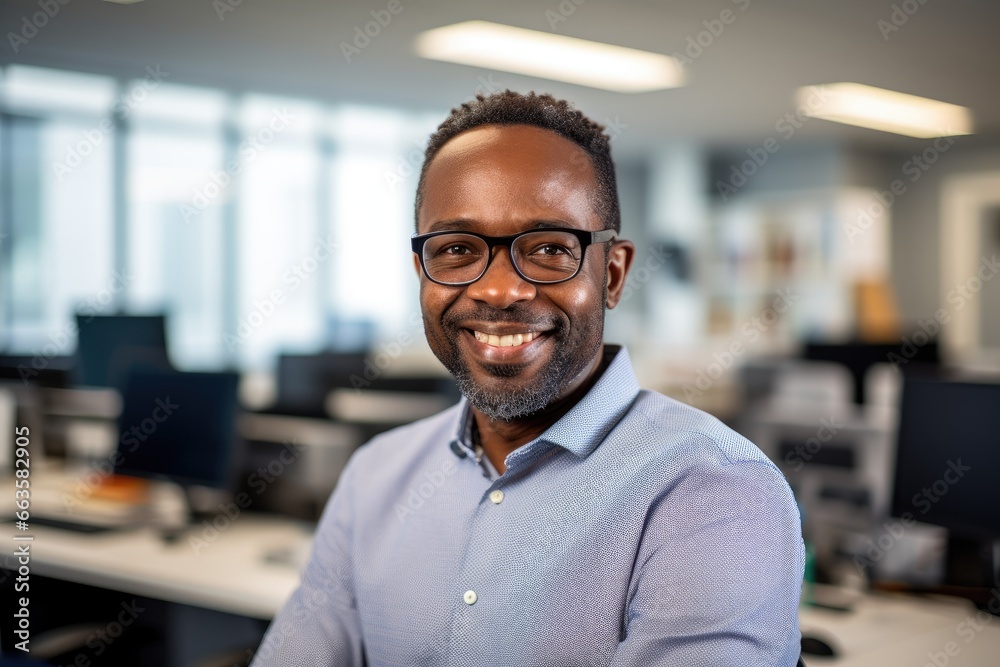 Fototapeta premium A smiling man in a professional office setting