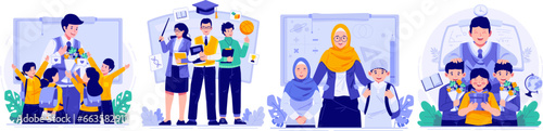 Illustration Set of Happy Teacher’s Day. Teachers and Children Students. Students and Giving Gifts and Bouquet of Flowers to Their Teacher