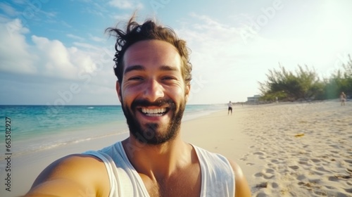 close-up shot of a good-looking male tourist. Enjoy free time outdoors near the sea on the beach. Looking at the camera while relaxing on a clear day Poses for travel selfies smiling happy tropical #663582927