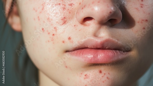 acne on woman face with rash skin, scar, and red skin syndrome allergic to cosmetics, use steroids, dermatology, inflammation, infection, hygiene.