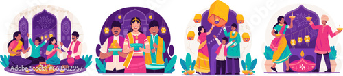 Illustration Set of Happy Diwali Greetings. Indian People in Traditional Clothing Holding Lit Oil Lamps or Diya Celebrating Diwali Festival of Lights