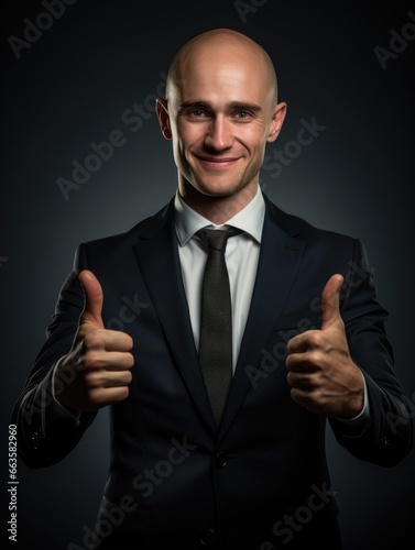 A confident bald man giving a thumbs up in a stylish suit