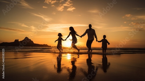 Silhouetted Happy Asian Family Playing And Having Fun On The Beach At Sunset. Recreation  relax  holiday  vacant time.