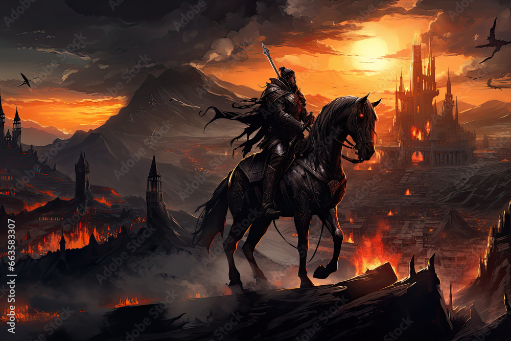 Black horseman of apocalypse riding black horse