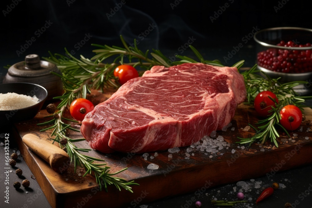 Appetizing fresh meat on a cutting board. Background with selective focus and copy space