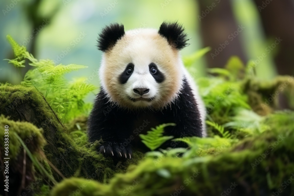 Panda in the forest. Portrait with selective focus and copy space Panda in the forest. Portrait with selective focus and copy space