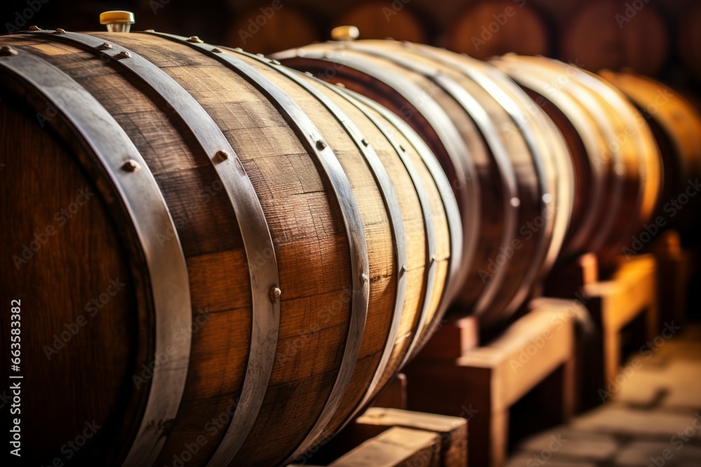 Row of Wine Barrels in an Indoor Cellar. Background with selective focus and copy space Row of Wine Barrels in an Indoor Cellar. Background with selective focus and copy space