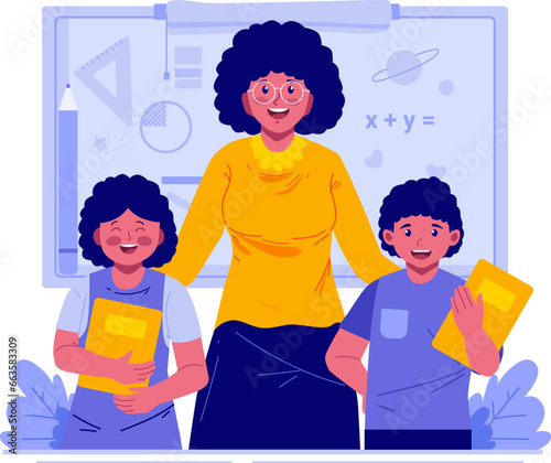 Happy Teacher’s Day. A Female Teacher With Children Students. World Teacher’s Day Celebration
