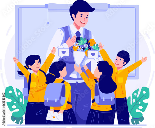 Happy Teacher’s Day. Children Students Congratulating Their Male Teacher and Giving a Bouquet of Flowers. World Teachers Day Celebration