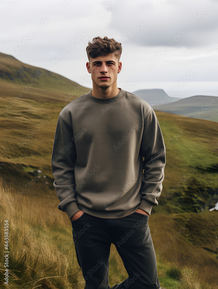 Sweatshirt mockup one young man guy in a blank crewneck and jeans outdoors outide in the rolling hills in fall autumn
