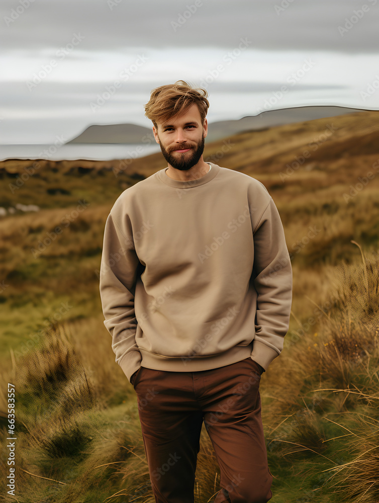 Sweatshirt mockup one young man guy in a blank crewneck and jeans outdoors outide in the rolling hills in fall autumn