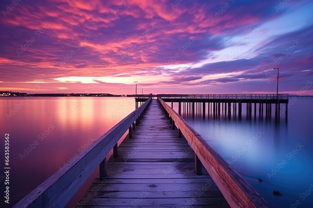A serene dock stretching across calm waters