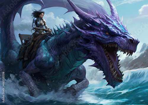 A brave knight riding a dragon into battle Fantasy concept   Illustration painting.