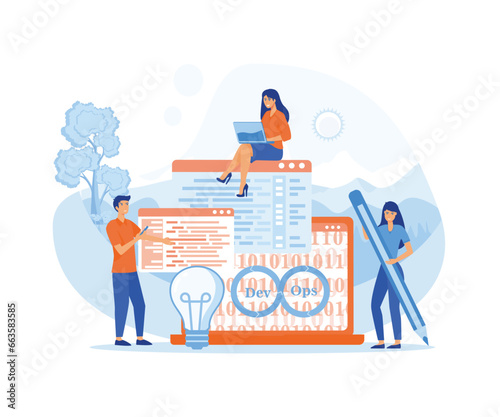 DevOps software, team of programmer, development and operations. flat vector modern illustration 