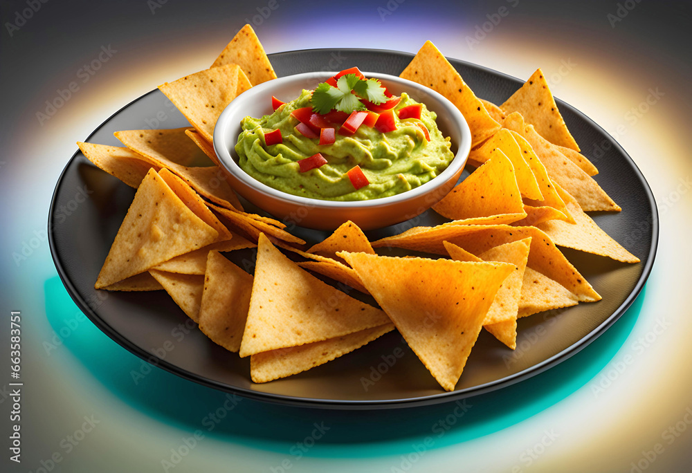 Delicious dish of nachos with avocado sauce isolated on a white background. National Mexican cuisine. Delicious dish of nachos with avocado sauce isolated on a white background. National Mexican cuisine.