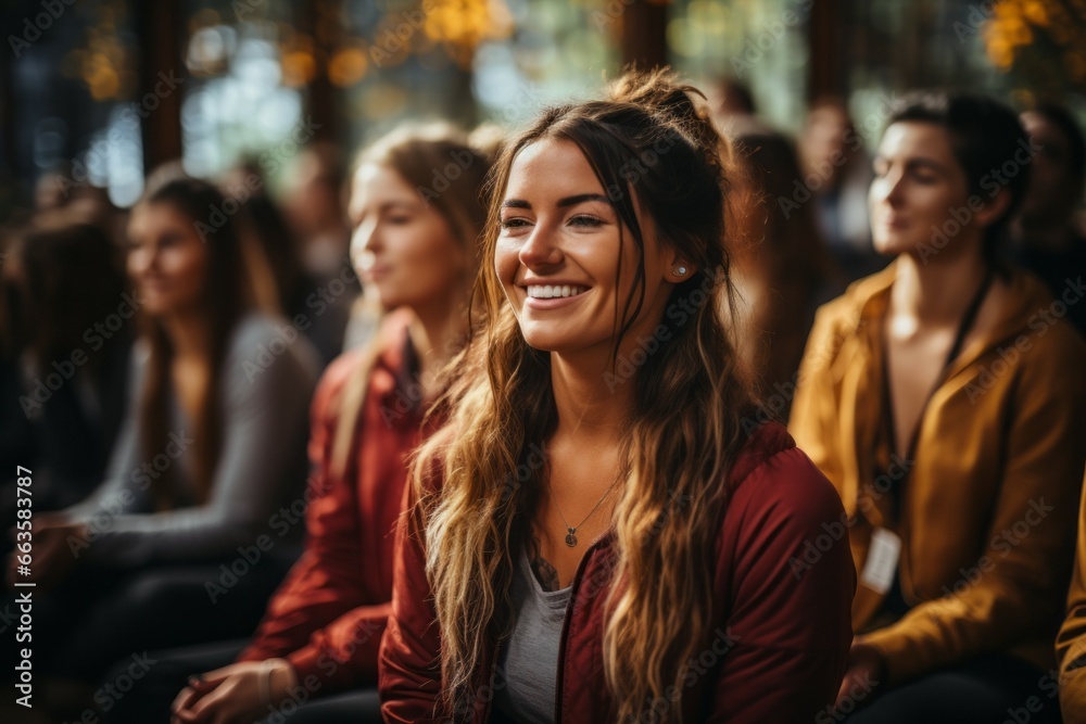 Stretching and meditation classes. A woman at a group yoga and Pilates class. Portrait with selective focus