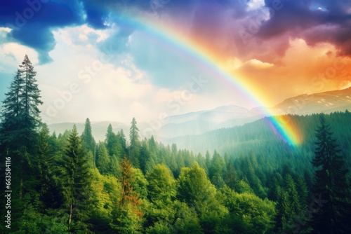 A vibrant rainbow stretching across a lush forest