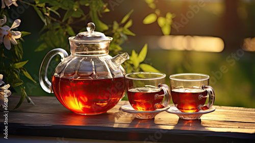 Black tea in glass cup and teapot on summer outdoor background. Copy space.