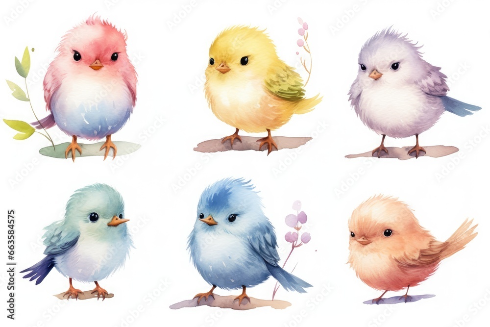 Six watercolor birds stacked on top of each other