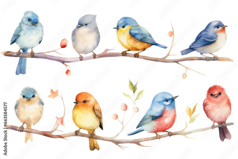 A flock of birds perched on a tree branch