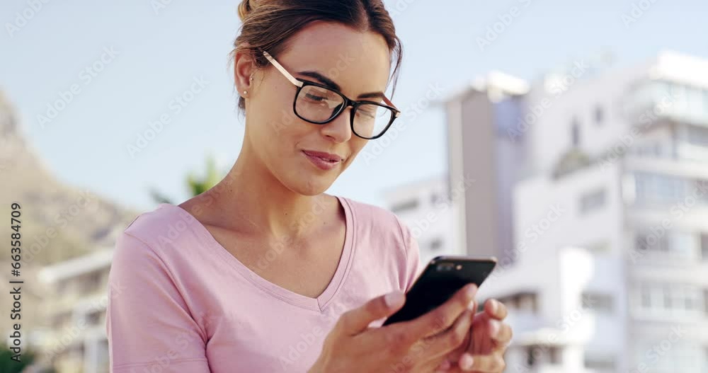 Happy woman, phone and laughing in city for funny joke, meme or social media in Cape Town, South Africa. Female person laugh and smile on mobile smartphone for fun app, outdoor communication or humor Happy woman, phone and laughing in city for funny joke, meme or social media in Cape Town, South Africa. Female person laugh and smile on mobile smartphone for fun app, outdoor communication or humor