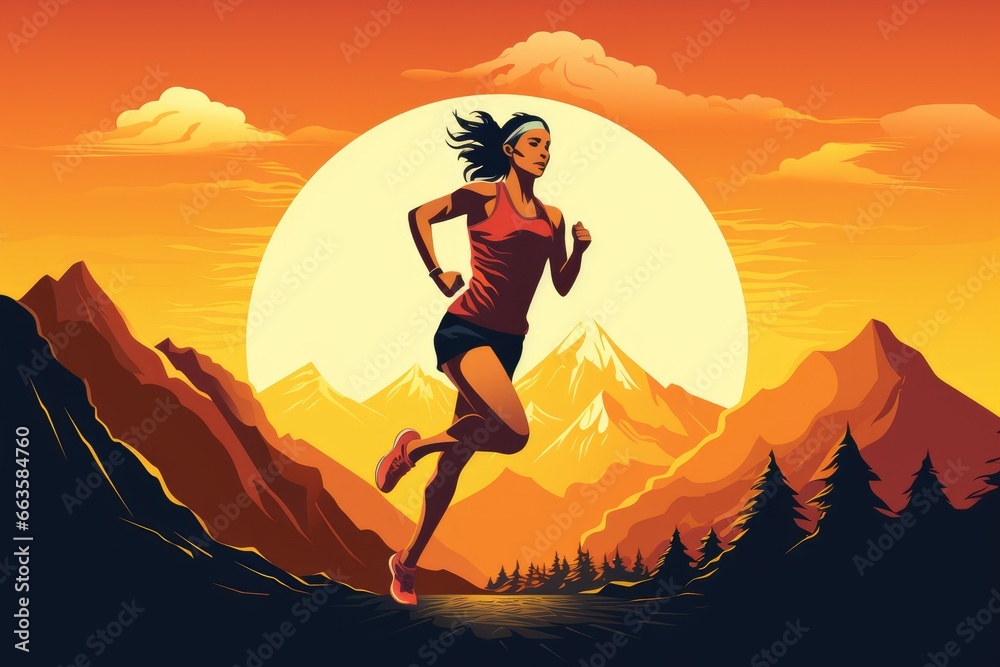 A woman running in the mountains at sunset