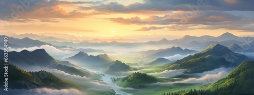 A breathtaking landscape painting capturing the majesty of a mountain range with a meandering river