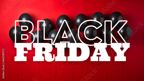 Black Friday. Black balloons with red background.