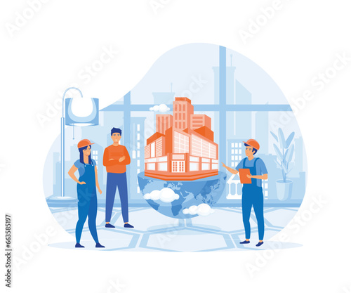 Group architects create and engineering project of city. Team work of cartoon characters. flat vector modern illustration 