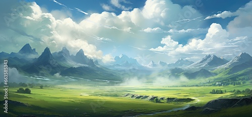 A picturesque landscape with majestic mountains and sweeping clouds