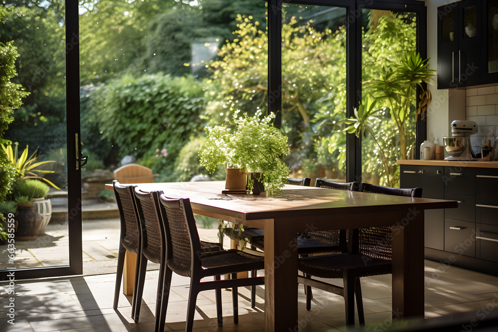 An open kitchen with large glass doors leading to a sunlit patio, where an empty dining room table and chairs await. The lush garden background is bathed in warm sunlight, creating a perfect setting.