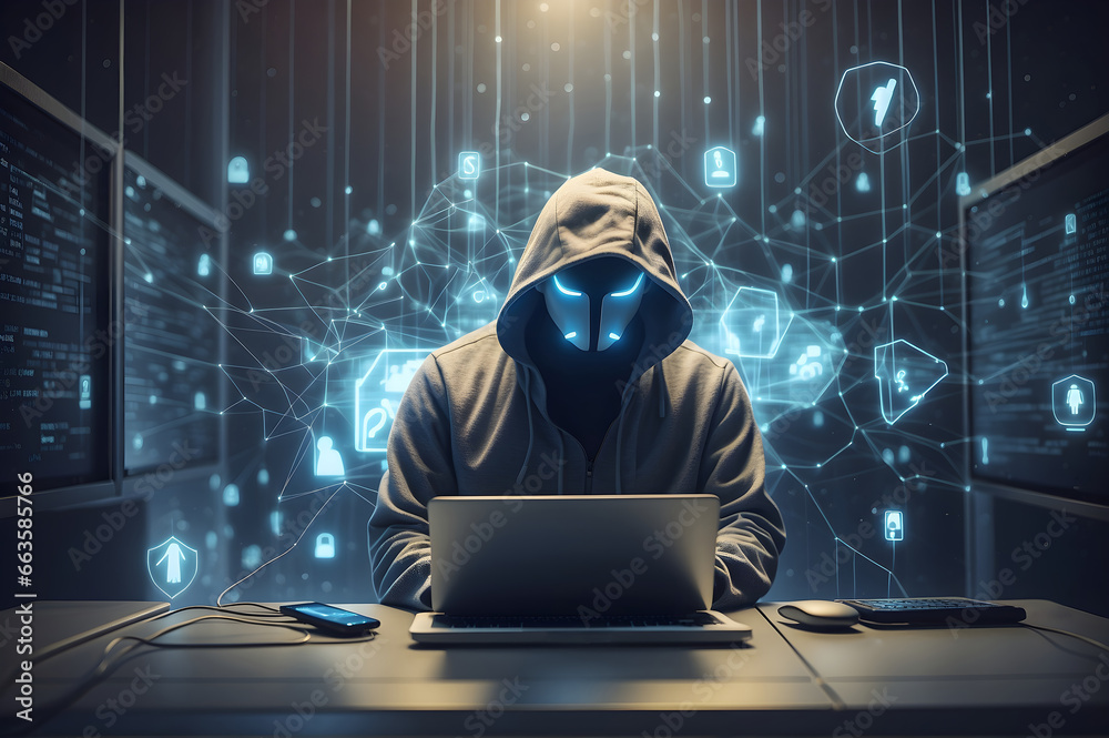 A hacker working on his laptop at a table in a casual setting, stressing the importance of cybersecurity and data protection, Created with Generative AI Technology A hacker working on his laptop at a table in a casual setting, stressing the importance of cybersecurity and data protection, Created with Generative AI Technology