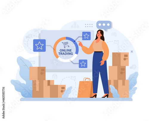 E-commerce. Entrepreneur selling goods and gaining profit on digital