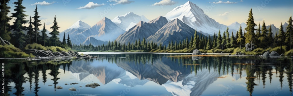 A serene mountain lake framed by majestic pine trees