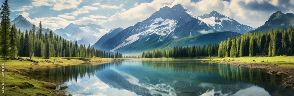 A serene mountain lake framed by towering pine trees