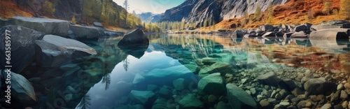 A serene mountain lake nestled among majestic trees and rugged rocks