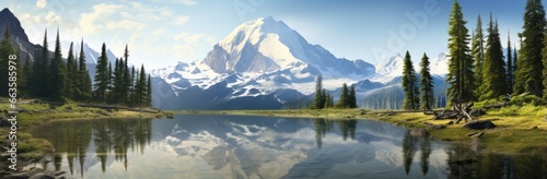 A serene mountain landscape reflected in a calm lake