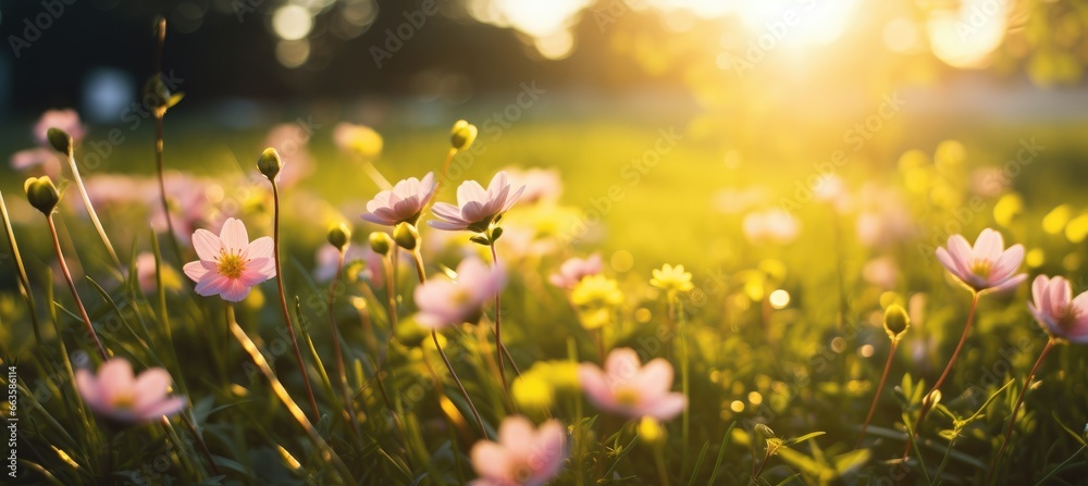 Fototapeta premium A vibrant field of pink flowers with the sun shining in the background